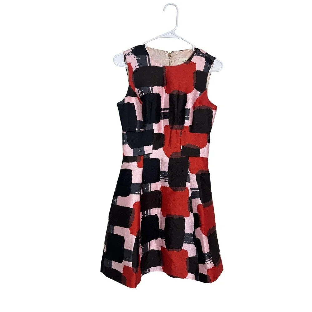 Kate Spade Dress Womens 2‎ Pink Red Black Sleeveless Fit Flare Abstract Silk Bow